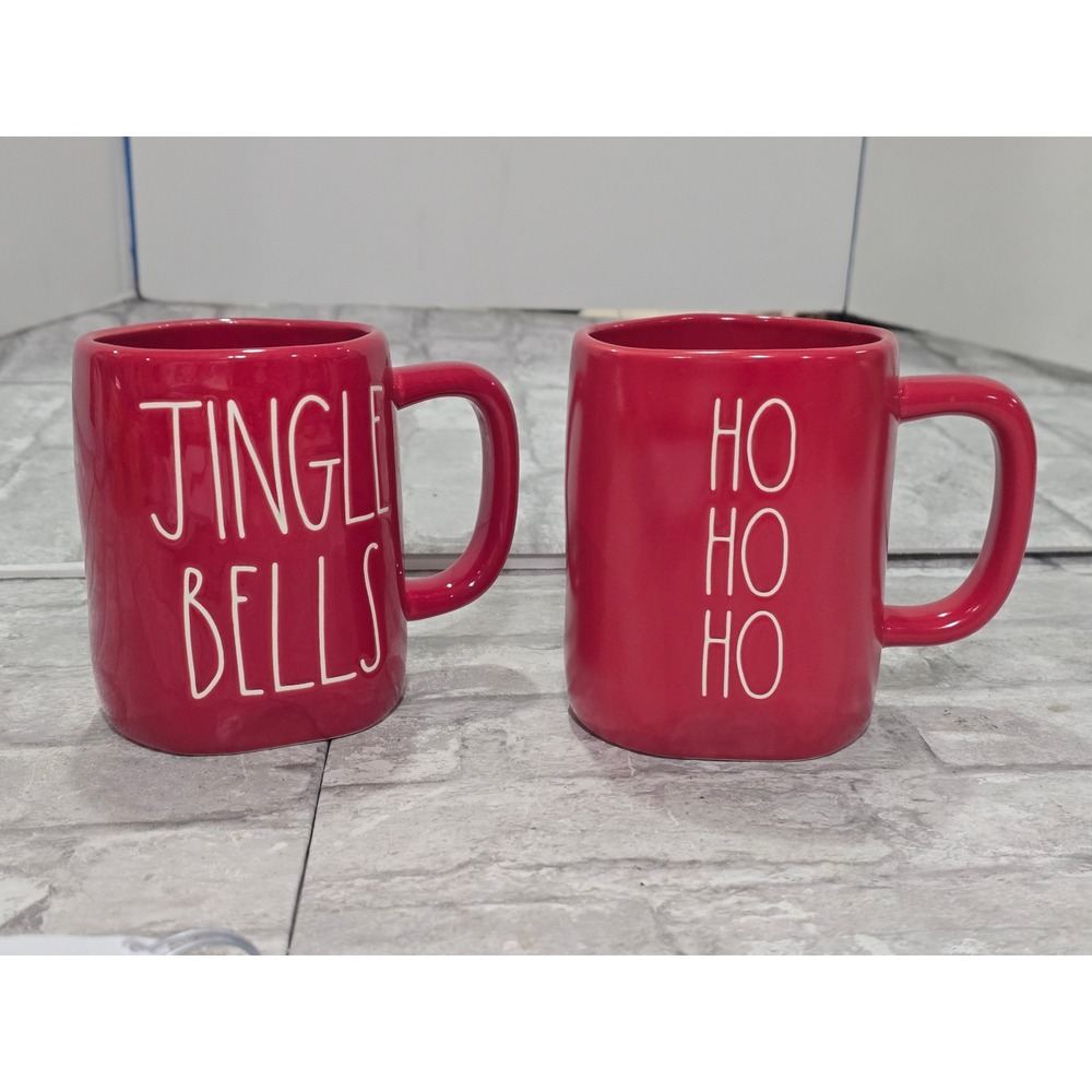 Rae Dunn JINGLE BELLS HO HO HO Lot 2 Red Mugs Christmas 20 Oz Set